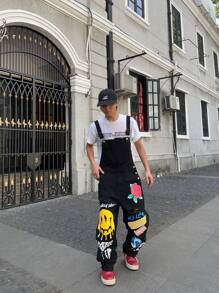 Manfinity EMRG Y2K 男士休闲涂鸦印花牛仔背带裤 - 黑色 - 查看 4