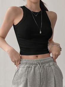 DAZY Áo ba lỗ bó sát màu đen trơn dành cho nữ - màu đen - Xem 3