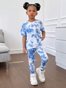 SHEIN Young Girl Tie-Dye Patterned Round Neck Short Sleeve T-Shirt And Long Pants Set