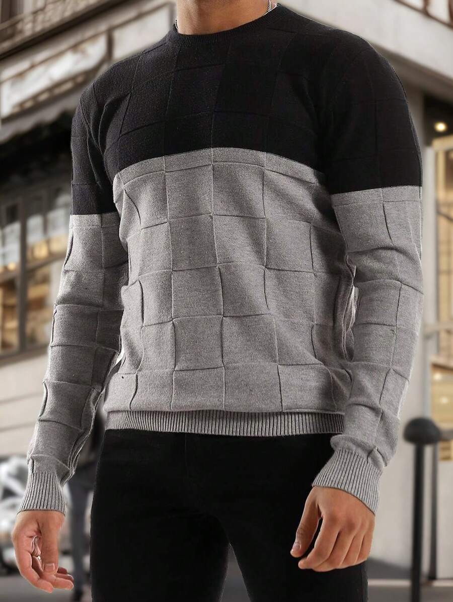 Manfinity Homme 男士休闲撞色圆领长袖毛衣，适合秋冬季节穿着，百搭男士毛衣上衣，男士套头衫，灰色毛衣，男士套头衫，男士长袖针织衫，男士长袖针织衫（放大版），男士长袖针织衫 - 彩色 - 查看 1