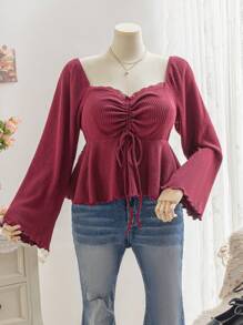 Soleia Camisa de manga abullonada con cordón de cierre frontal central, elástica y de punto, con sensación cálida acariciada, para vacaciones, talla grande, para otoño e invierno