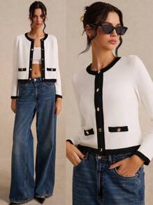 Poéselle Áo len cardigan dệt kim dài tay màu đen và trắng viền kim loại cài nút phía trước cho nữ, áo len cardigan dệt kim dài tay rộng rãi và thanh lịch - Đen và trắng - Xem 3