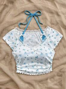 Soleia Damska koszulka w stylu vintage w kolorze czerwonym i białym, z koronką w drobne kwiaty, z kołnierzykiem, w kontrastowym kolorze, z krótkim rękawem i uroczą kokardką, 2 w 1 w stylu baletowym, na co dzień, na lunch, do szkoły, na lato