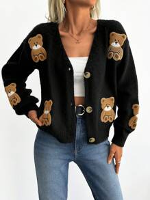 EURMUSE BEAR EMBRODERY DETAIL CARDIGAN - Black - View 3