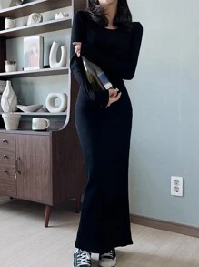 DAZY Women's Solid Color Fitted Round Neck Slit Back Bodycon Dress, Spring/Summer/Autumn,Fall Women Clothes Long Sleeve Dress - Black - View 3