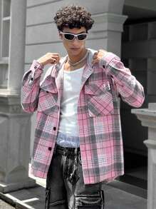 Manfinity VCAY 男士休闲格纹拼接拉链连帽长袖夹克，秋冬款 - 粉色 - 查看 5