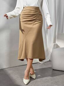 Modelyn 女士纯色褶皱优雅半身裙，适合商务/工作/鸡尾酒会/婚礼/日常/毕业女士半身裙
