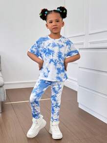 SHEIN Young Girl Tie-Dye Patterned Round Neck Short Sleeve T-Shirt And Long Pants Set