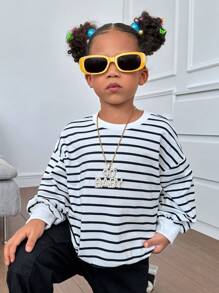 SHEIN Leap Crew Cô Gái Trẻ Sọc & In hoa Thả vai Áo nỉ - Đen và trắng - Xem 6