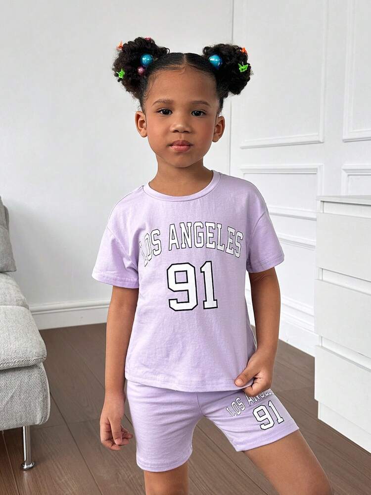 SHEIN Young Girl Letter Graphic Drop Shoulder Tee & Shorts - Lilac Purple - View 5