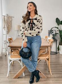 SHEIN Frenchy Plus-Size Women's Woolen Cardigan Jacket, Leopard Print Sweater Cardigan, Bow Strap Top,Cardigan Sweater Old Money Halloween Sweater,Long Sleeve Women Tops Women Jackets Winter Tops Fall Sweaters Fall Clothes Leopard, Knitted Shirt Long Sleeves Woman Fall Women Outfits Women Sweaters Fall Women Sweaters