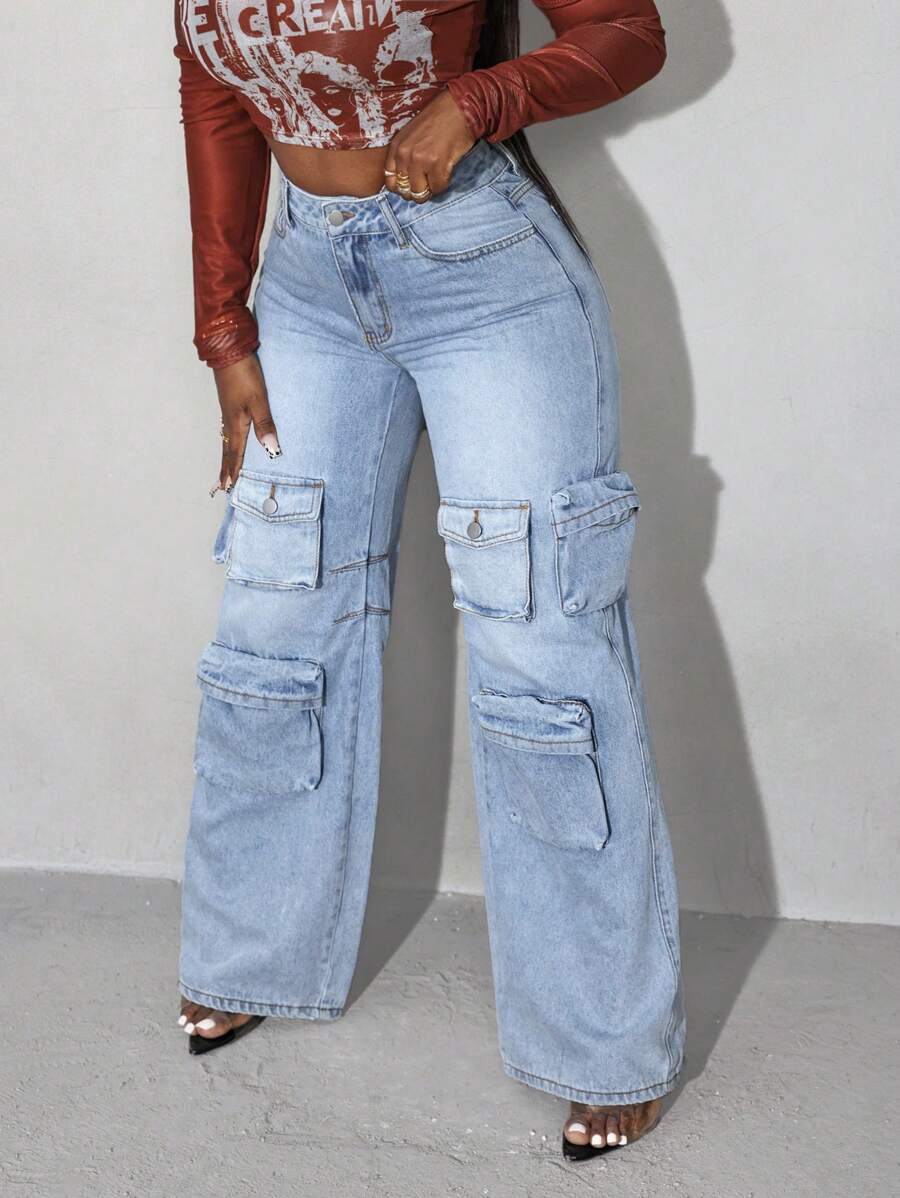 Slaydiva Solid Color Pocket Button Casual Wide Leg Jeans