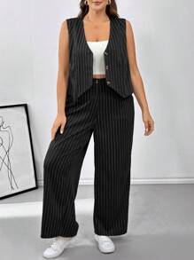 SHEIN Essnce 2pcs Plus Size Women Black & White Striped Suit Set In Fall/Winter - Black and White - View 3