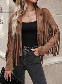 SHEIN LUNE Plus Size Faux Suede Fringe Jacket, For Winter - Brown - View 1
