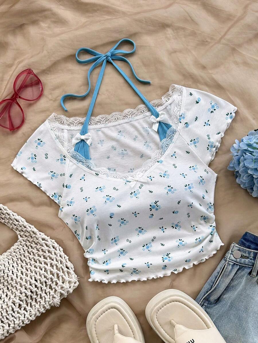 Soleia Damska koszulka w stylu vintage w kolorze czerwonym i białym, z koronką w drobne kwiaty, z kołnierzykiem, w kontrastowym kolorze, z krótkim rękawem i uroczą kokardką, 2 w 1 w stylu baletowym, na co dzień, na lunch, do szkoły, na lato