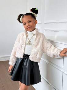 SHEIN 女小童拉鏈開襟毛茸茸外套 - 彩色 - 查看 5