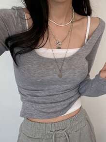 DAZY 2 件女式拼色休闲 T 恤套装，秋季服装长袖女式上衣 - 淺灰色 - 查看 4