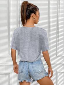 INAWLY Camiseta casual de verano para mujer, de unicolor, cuello redondo, manga corta - Gris - Ver 2