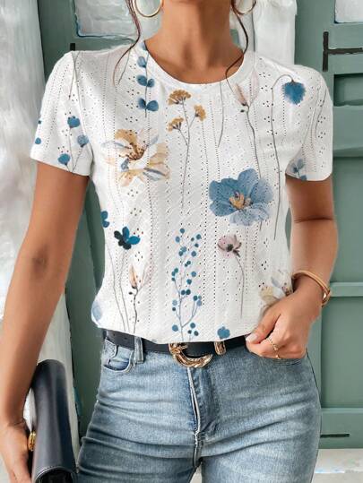 SHEIN Frenchy Camiseta casual de manga corta con cuello redondo para mujer con estampado floral de verano