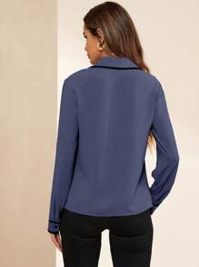 SHEIN Clasi 女士纯色简约日常长袖蓝色衬衫 - 紫色 - 查看 2