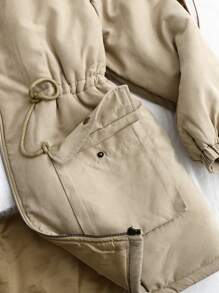 SHEIN 青少年女孩纯色加厚袋装连帽休闲棉服外套 - 卡其色 - 查看 5