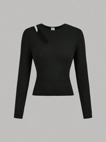 SHEIN Girlism 2pcs Teen Girls' Knitted Ribbed Hollow-Out Round Neck Casual Long Sleeve T-Shirts Set - Black and White - View 4