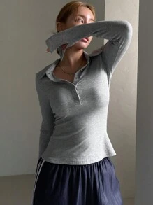 DAZY 女式纯色高领T恤，秋装 - 灰色 - 查看 8