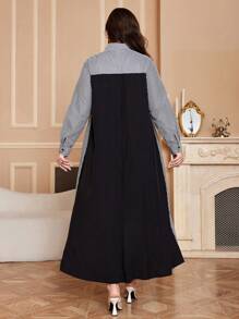 Al Najma Đầm thường ngày dài tay kẻ sọc cổ polo mùa xuân và mùa hè cỡ lớn cho nữ, phong cách giản dị, kín đáo, váy dài cỡ lớn - màu đen - Xem 2