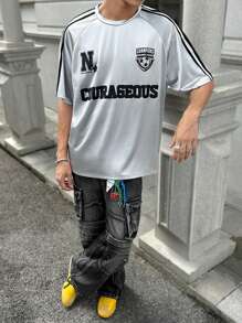 Manfinity RebelGame Áo thun nam tay ngắn họa tiết in thường ngày bằng vải Pique thời trang nam, Áo bóng chày - Xám - Xem 4