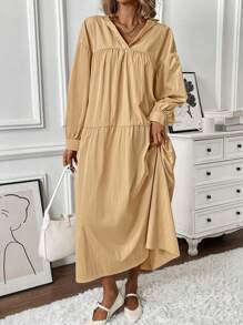 Chiquease Solid Color Casual Loose Hooded Long Dress For Women - Khaki - View 6