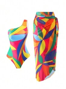 Swim Oasis Women's Printed Beachwear One Shoulder Monokini Swimsuit And Tie Front Swim Skirt Outfit,Summer Beach - Yellow - View 3