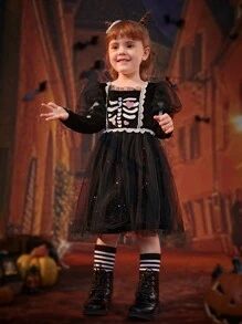 SHEIN Glamorique Kids 年轻女孩万圣节公主服装，长袖蕾丝花边心形印花网眼派对连衣裙，适合外出、度假、秋冬季，黑色 - 黑色 - 查看 6