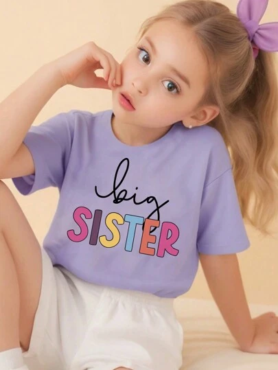 Young Girl Casual Colorful Letter Slogan Printed Short Sleeve T-Shirt, Summer