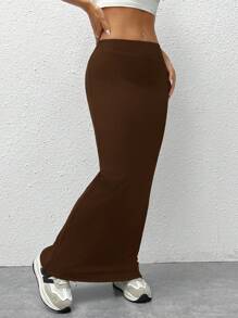 SHEIN EZwear Women's  Knit Tight-Fit Knee-Length Skirt - Chocolate Brown - View 4