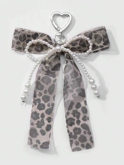 Kawaii 1pc Handmade Beaded White Faux Pearl, Leopard Print, Lace Bow & Heart Key Chain, Versatile Fashion Accessory Suitable For Girls, Women - Great For Daily Wear Or Gift, Bag Charm Valentines