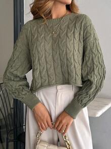 EURMUSE Cable Pattern Pullover Casual Army Green Sweater - Army Green - View 4
