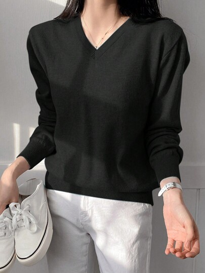 DAZY Women's Plain Simple Long Sleeve Sweater, Daily Wear,Long Sleeve Tops,Fall Clothes