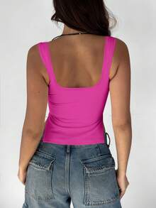 Women's Casual Solid Color Pleated Side Slit Sweetheart Neck Camisole, Summer - Hot Pink - View 3