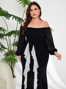 Modelyn Rochie de zi cu umăr dezactivată simplă, cu bloc de culoare, de mărime Plus - Negru - Vizualizare 4