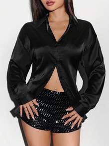 SHEIN Unity 长袖纯色有领纽扣衬衫 - 黑色 - 查看 6