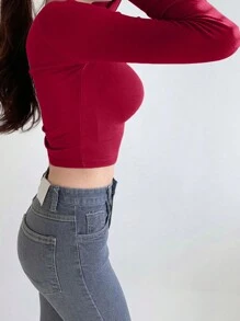 DAZY Women's Solid Color Round Neck Long Sleeve Slim Fit T-Shirt, Spring/Summer Crop Top - Burgundy - View 5
