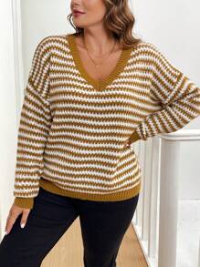 EMERY ROSE Plus Size Women Loose Fit Yellow And White V-Neck Knitted Sweater Pullover, Fall/Winter