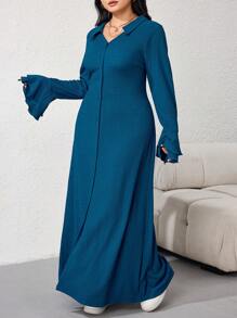 Mulvari 大码女式纯色喇叭袖单排扣长款休闲连衣裙，春夏 - 水鴨藍 - 查看 3