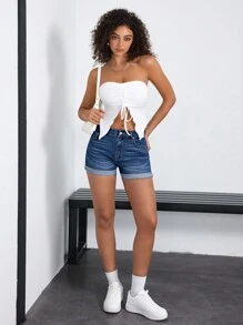 SHEIN EZwear 女士休闲破洞毛边修身牛仔短裤、夏季牛仔短裤 - 藍色 - 查看 5