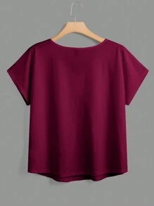 SHEIN LUNE 大码纯色 V 领短袖前扣休闲 T 恤 - 中紫紅色 - 查看 2