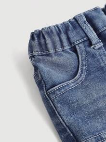 SHEIN Quần ống loe denim dễ thương cho bé gái có cạp chun, túi, quần jeans xanh co giãn cổ điển, quần áo thu đông cho bé gái - Rửa tối - Xem 4