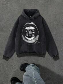 Manfinity Roghcode Áo nỉ trùm đầu họa tiết nhện đen cổ điển tay dài màu đen, phong cách đường phố cổ điển, phong cách Gothic tối giản màu đen và trắng cho nam. - màu đen - Xem 3