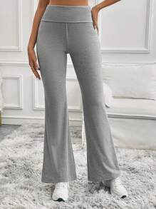 SHEIN Tall 女士纯色喇叭紧身裤 折叠紧身裤 弹力喇叭裤 瑜伽裤 Y2k 慢跑裤 - 灰色 - 查看 8