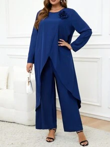 SHEIN Clasi 大码优雅纯色前短后长衬衫和裤子两件套商务休闲女士优雅女士服装 - 藏蓝色 - 查看 4