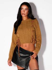 Glamine Women's Casual Criss-Cross Tied Cropped Sweater, Spring Autumn Knit Pullover Fall Winter Outfit - Camel - View 5